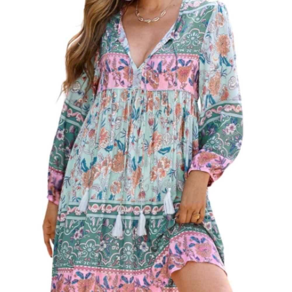 Floral Green & Pink Dress Boho Flowy Beach Tassel Lightweight Women's Small 4/6 - Picture 4 of 16